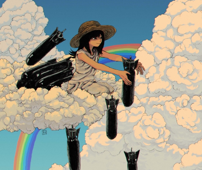 Girl with bombs in clouds
