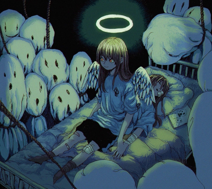 Girl with wings and halo in bed with another girl