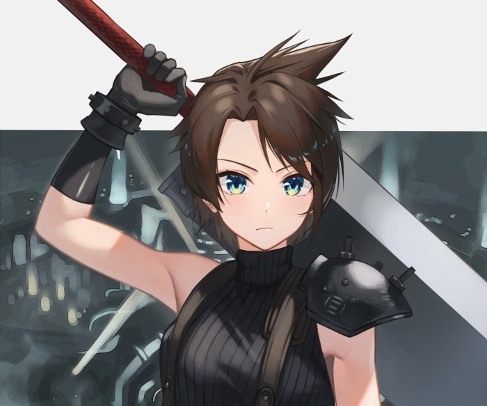 Anime girl with large sword and red staff