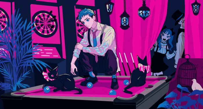 Boy and Cats by Pool Table with Darts