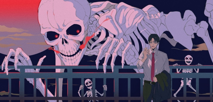 Giant Skeleton and Man Smoking
