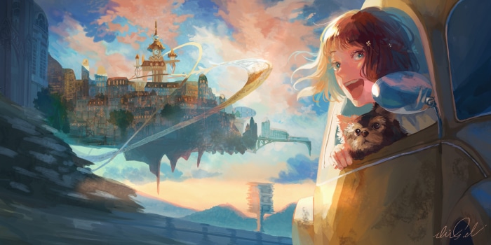 Girl and dog in a vehicle looking at a floating city