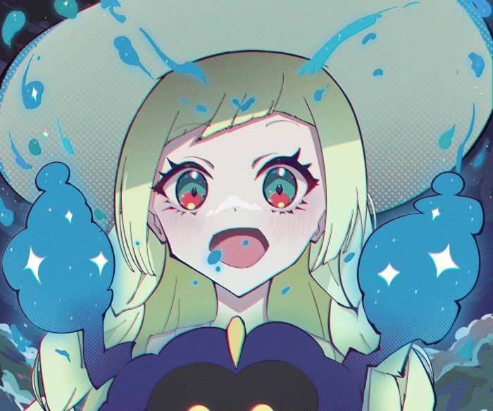 Lillie from Pokémon with blue spectral hands