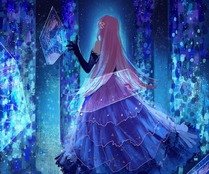 Girl in elegant dress interacting with glowing crystals