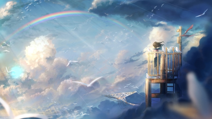 Girl on tower with rainbow and clouds 4K