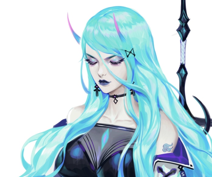 Fantasy Woman with Aqua Hair and Horns