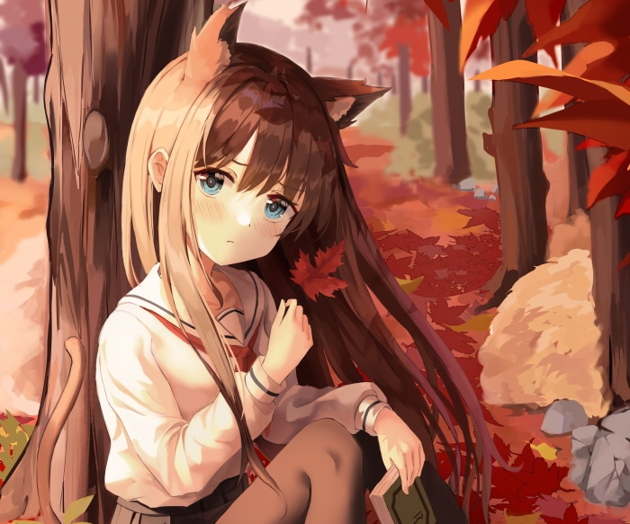 Cat girl in school uniform sitting in autumn forest