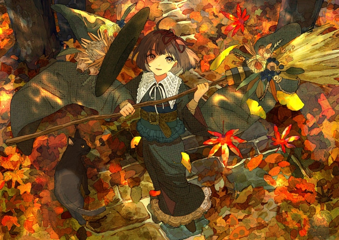 Girl with broom and cat among autumn leaves