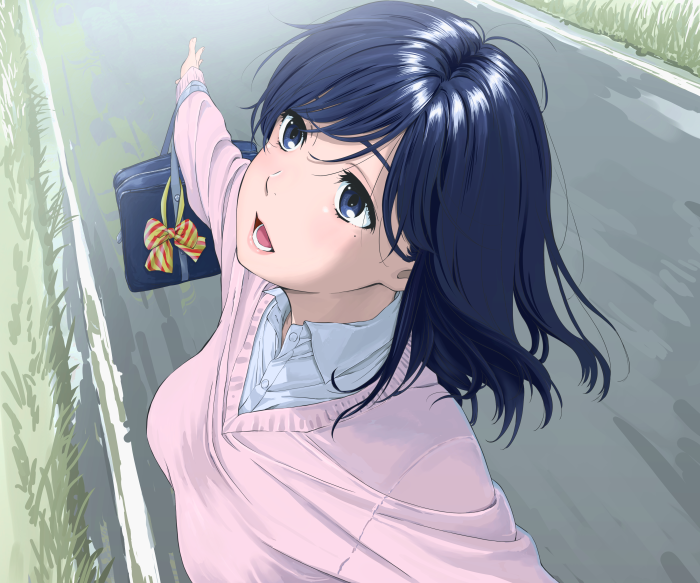 Girl with blue hair and school bag