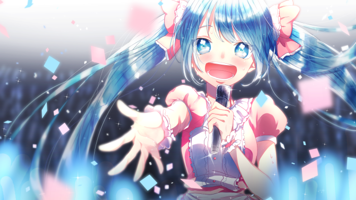 Hatsune Miku singing on stage with confetti