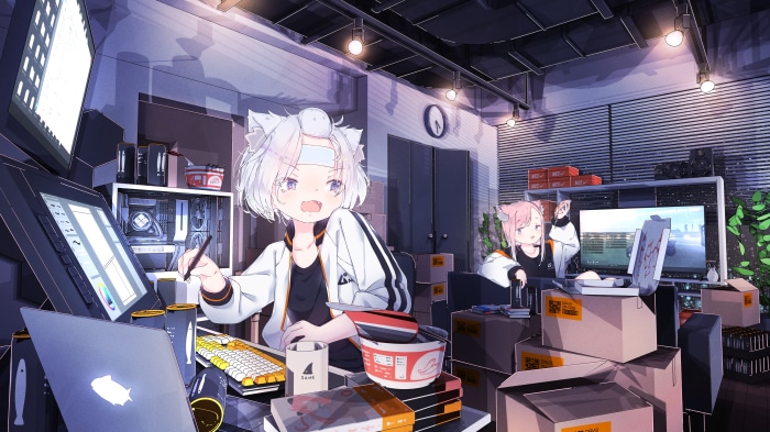 Two anime girls working in a cluttered room with computers and boxes