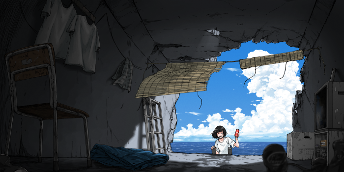 Girl in post-apocalyptic ruins holding a red object