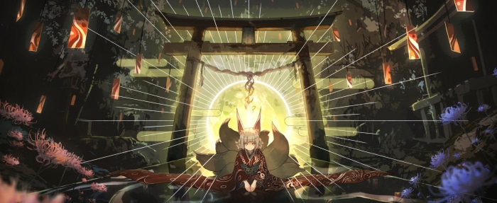 Kitsune girl in kimono at a shrine