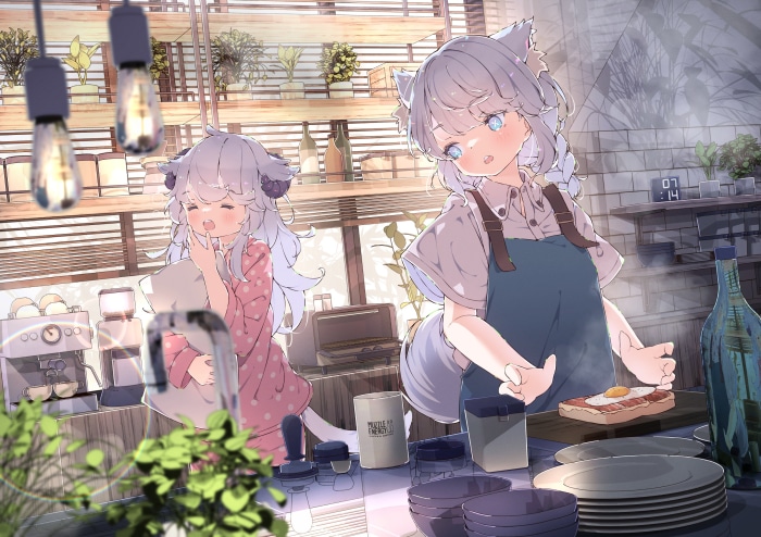 Anime girls in a kitchen making breakfast
