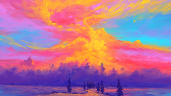 Artistic sky with colorful clouds over a landscape