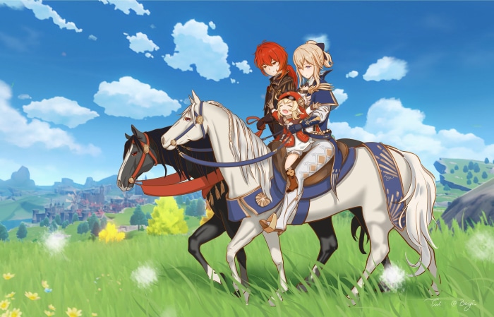 Klee, Jean, and Diluc from Genshin Impact riding horses