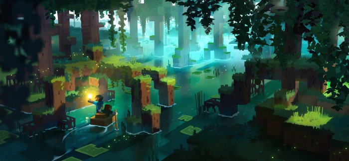 Minecraft swamp with a character in a boat