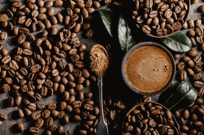 Coffee beans and a cup of coffee