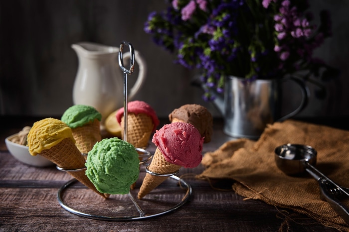 Still life of ice cream cones in a stand