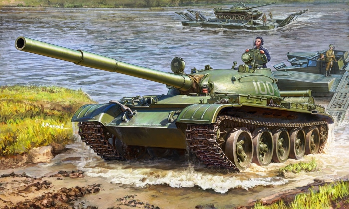 T-62 tank crossing a river on a pontoon bridge