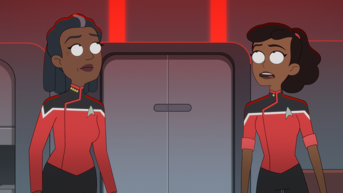 Two women in Starfleet uniforms