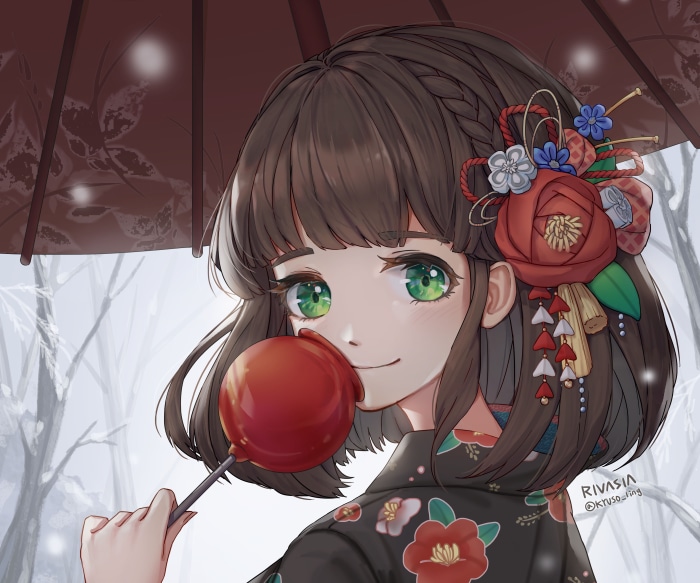 Girl with Green Eyes and Brown Hair holding Candy Apple