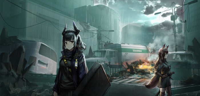 Arknights characters in a post-apocalyptic city