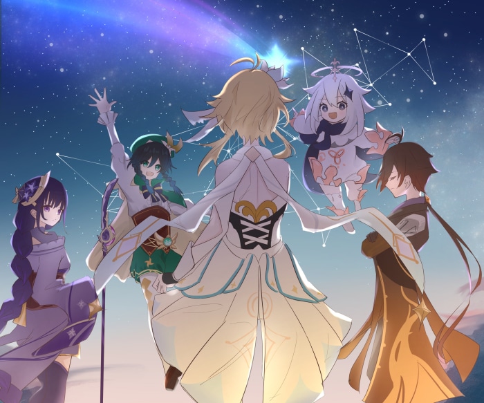 Genshin Impact characters Lumine, Paimon, Venti, Raiden Shogun, and Zhongli under a starry sky