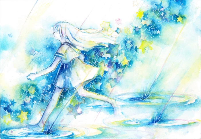 Girl in School Uniform Running Through Stars