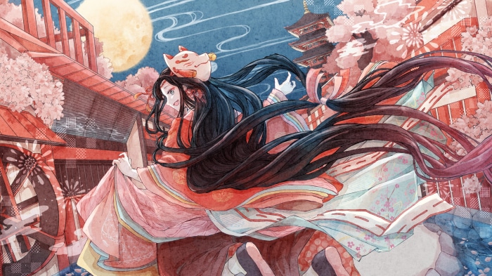 Girl in Yukata with Fox Mask and Long Black Hair