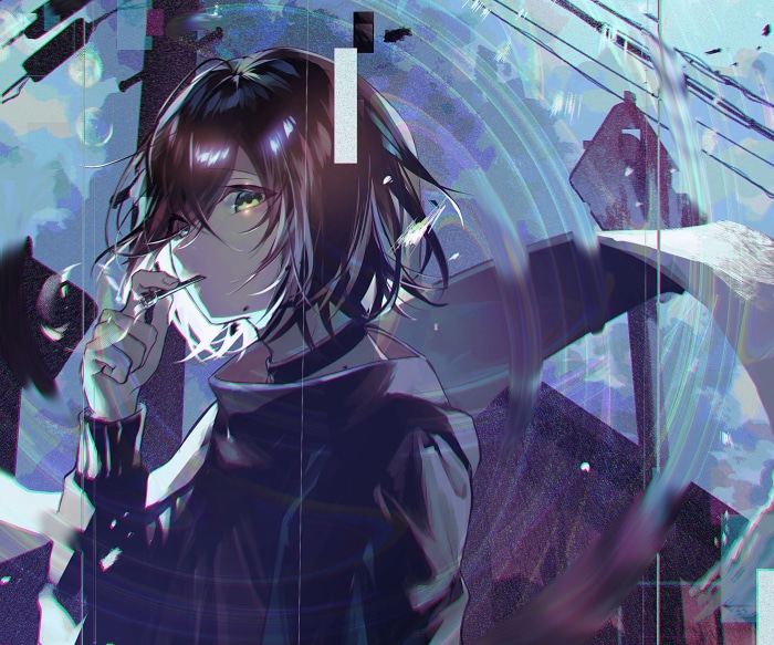 Anime girl with short brown hair holding a cigarette