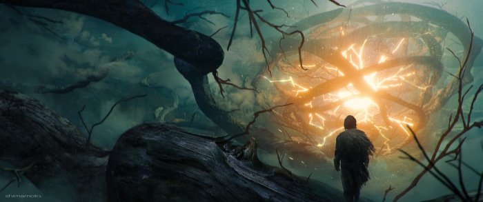 Fantasy man walks towards glowing orb in forest