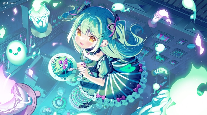 Girl with pigtails eating spooky dessert