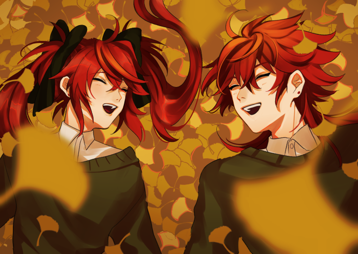 Two characters with red hair and green sweaters