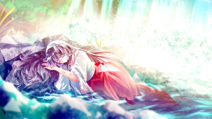 Kikyo from InuYasha by a waterfall