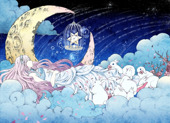Girl sleeping with rabbits under a crescent moon