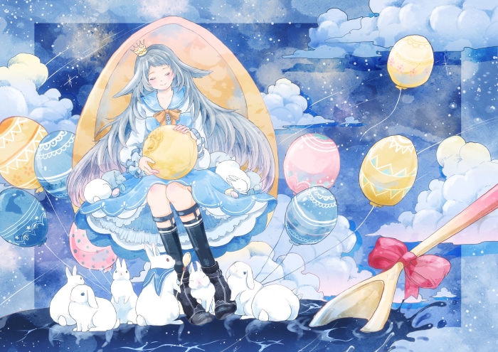 Girl with crown holding moon surrounded by rabbits and balloons