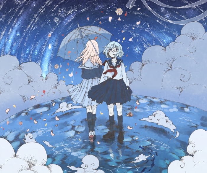 Two girls in school uniforms under an umbrella