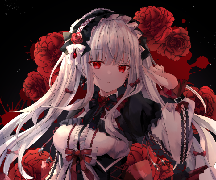 Girl with white hair and red eyes and roses