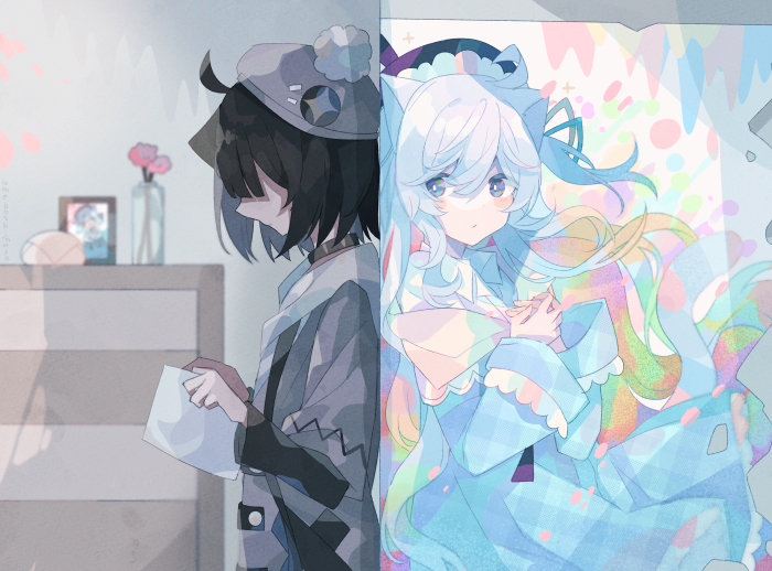 Two anime girls, one dark and one light, separated by a wall