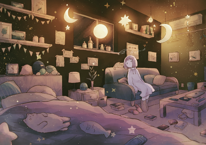 Girl Sleeping with Cat in Starry Room 4K