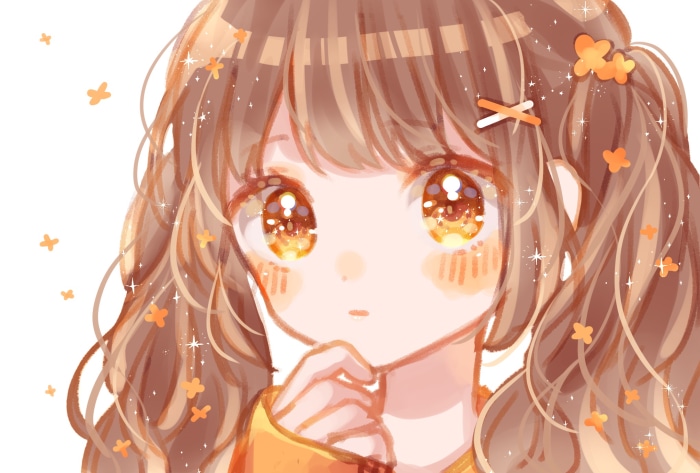 Anime girl with brown pigtails and orange flowers