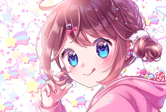 Anime girl with blue eyes and pink hoodie
