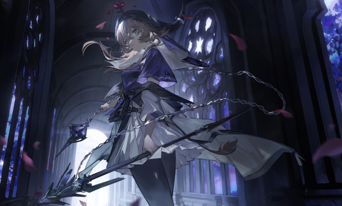 Pallas from Arknights in a cathedral