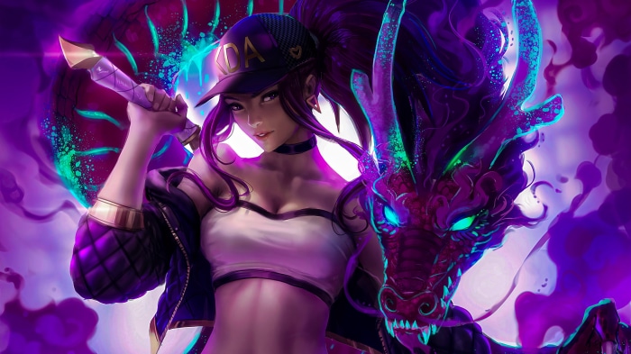 Akali from League of Legends with a dragon