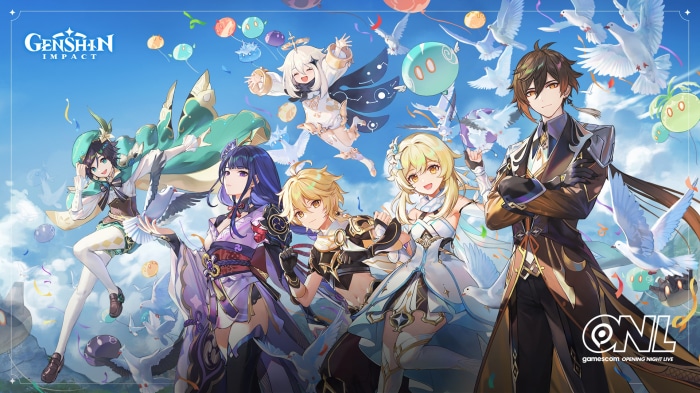 Genshin Impact characters Venti, Raiden Shogun, Aether, Lumine, Zhongli, and Paimon