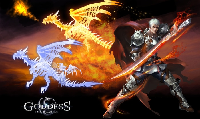 Goddess: Primal Chaos artwork with warrior and dragons