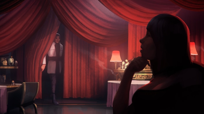 Man peeking through curtains in a dimly lit room