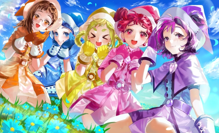 Ojamajo Doremi girls in colorful outfits in a field