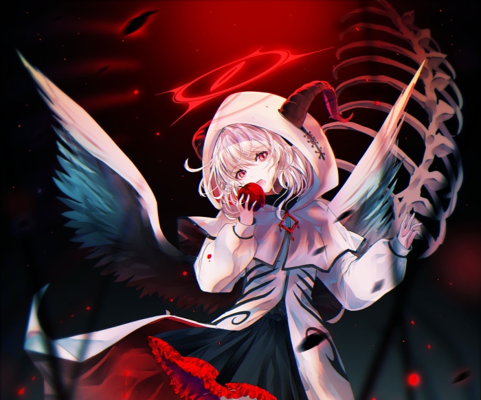 Angel with horns eating an apple